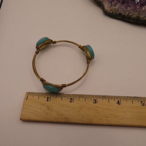Gold Tone Wire Bangle Bracelet with Jadeite Beads - Picture 5 of 5
